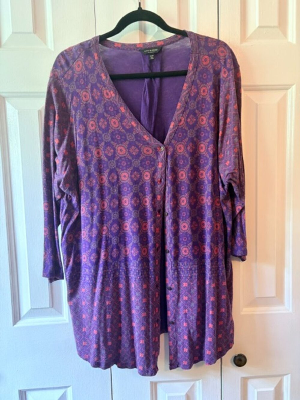 Lucky Brand 2X Purple Boho Print Long Cardigan Button Front Tunic
